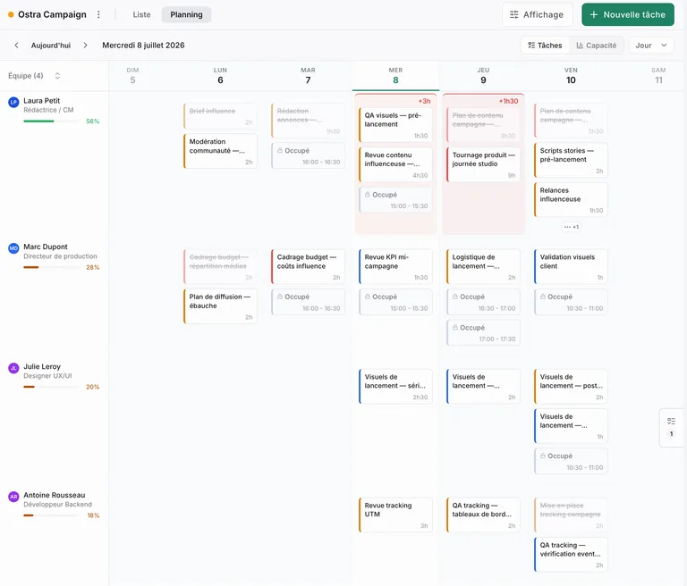 Planning Planiflow en mode T&acirc;ches, &eacute;chelle Semaine : t&acirc;ches estim&eacute;es en heures r&eacute;parties par membre et par semaine, avec r&eacute;unions synchronis&eacute;es